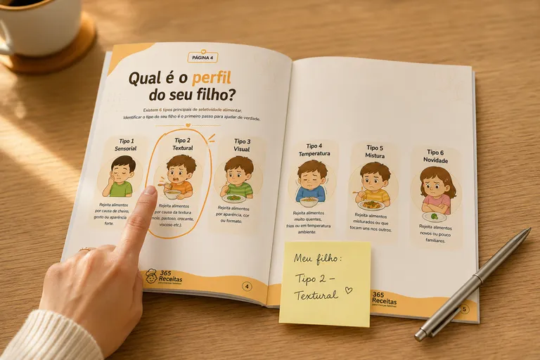 Cartilha aberta mostrando os 6 tipos de seletividade com mão apontando para o perfil do filho e post-it com anotação