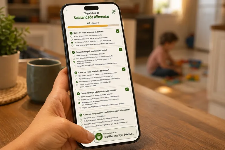 Celular mostrando formulário de diagnóstico com 4 de 5 perguntas respondidas e resultado emergindo