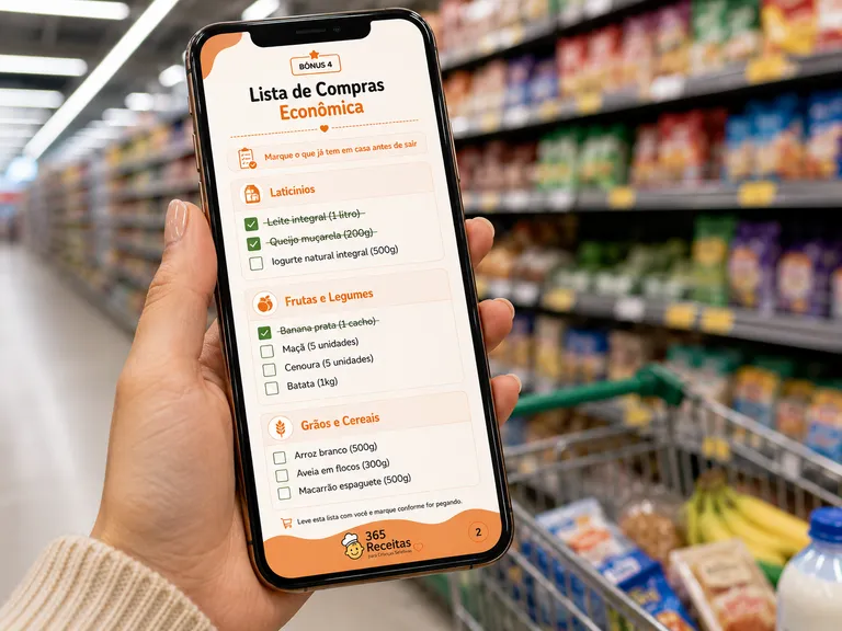Celular com lista de compras organizada por seção aberta no corredor do supermercado
