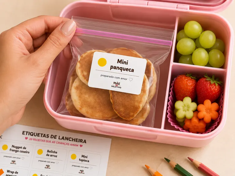 Folha impressa com 20 etiquetas coloridas de lancheira ao lado de potes e caixinhas de lanche