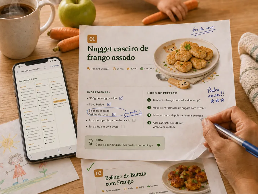 Folhas impressas do PDF 365 Receitas para Crianças Seletivas sobre bancada de cozinha, com anotações à caneta e celular mostrando o índice clicável